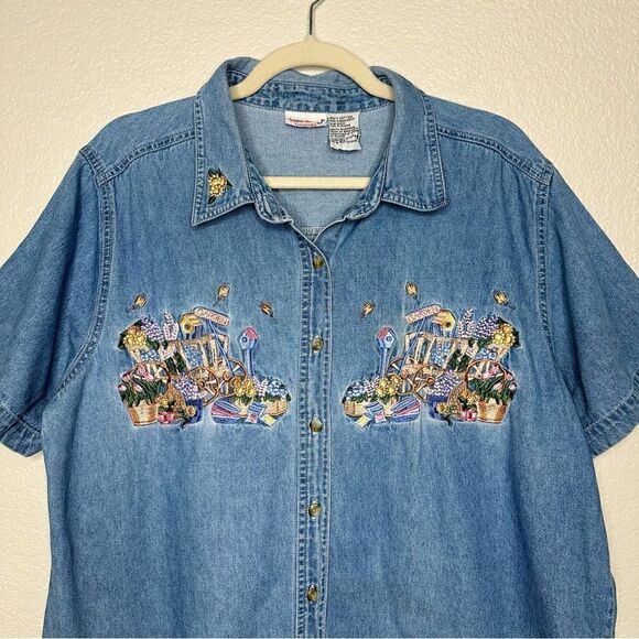 Bobbie Brooks Vintage Blue Denim Embroidered Button Down Shirt - Picture 2 of 11
